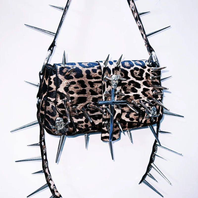 Leopard print rivet crossbody purse bag
