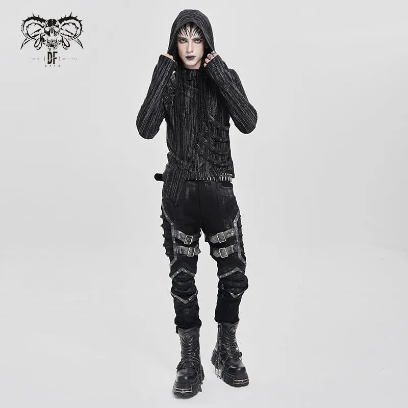 Herren-Kapuzenpullover mit Punk-Ösenriemen und unregelmäßigem Muster