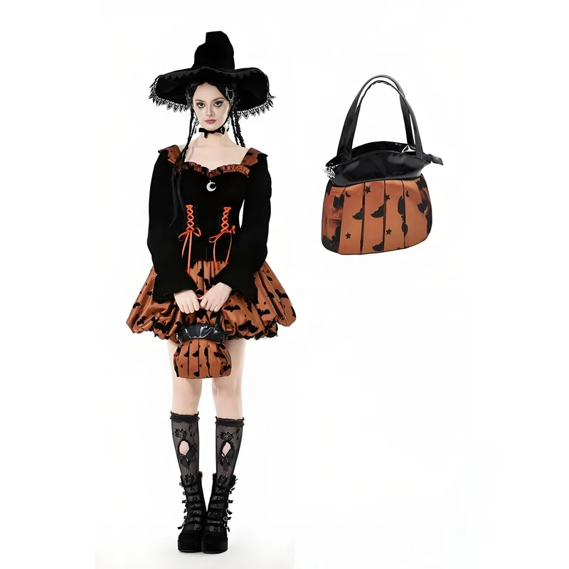 Damen Gothic Fledermaus Stern Mond Muster Kürbisförmige Handtasche