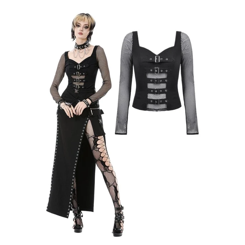 Damen Punk Schnallenriemen Mesh Splice Langarm Top
