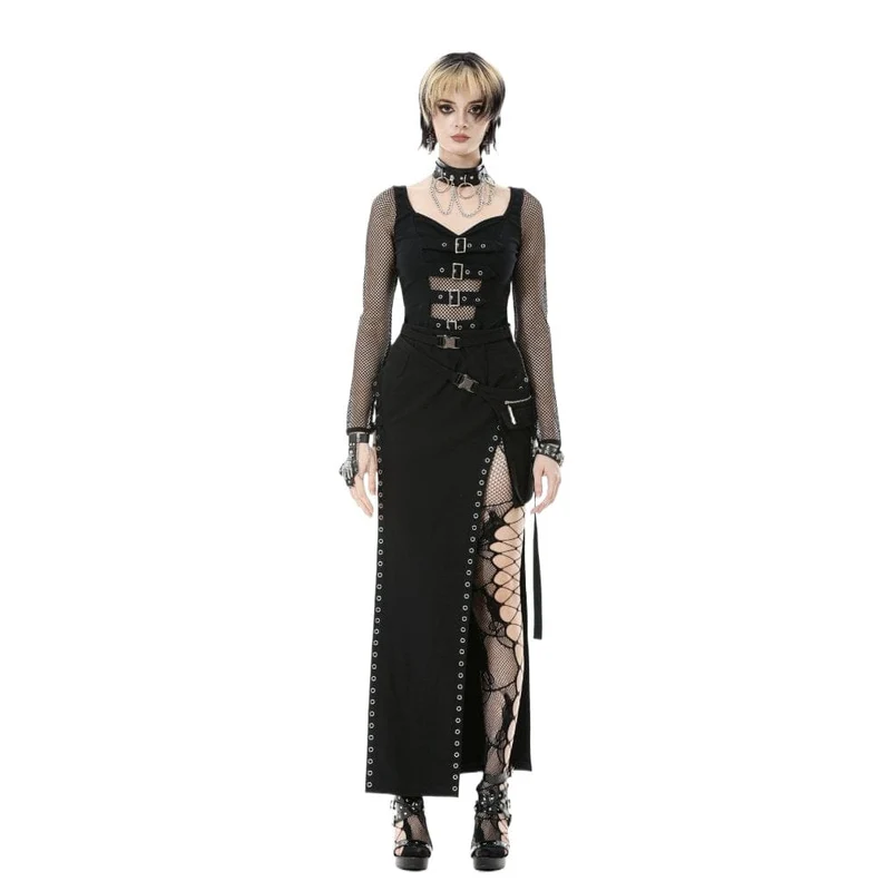 Damen Punk Schnallenriemen Mesh Splice Langarm Top
