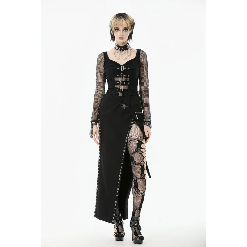 Damen Punk Schnallenriemen Mesh Splice Langarm Top