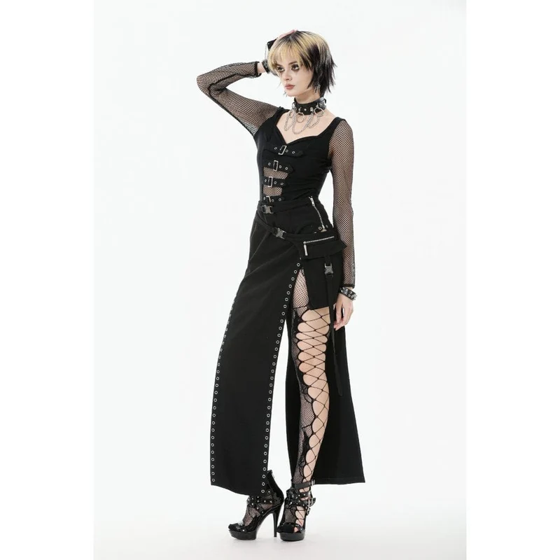Damen Punk Schnallenriemen Mesh Splice Langarm Top