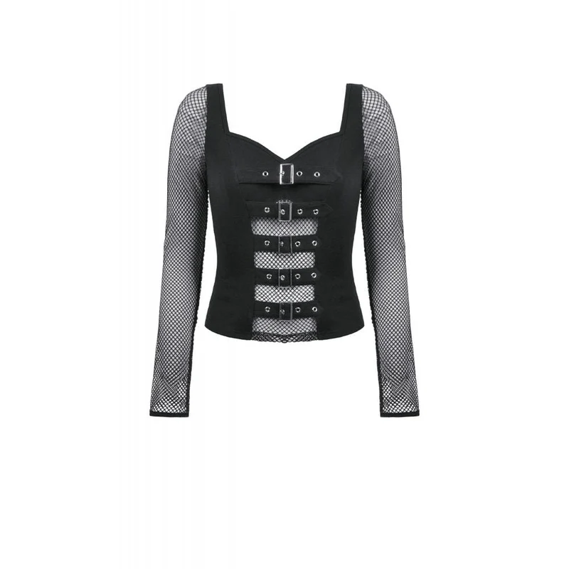 Damen Punk Schnallenriemen Mesh Splice Langarm Top