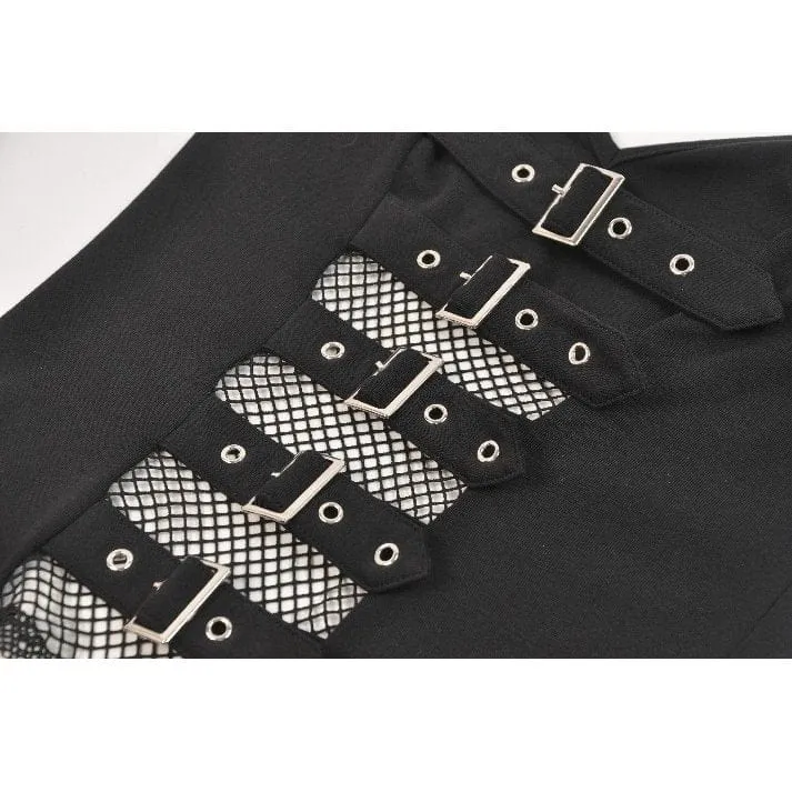 Damen Punk Schnallenriemen Mesh Splice Langarm Top