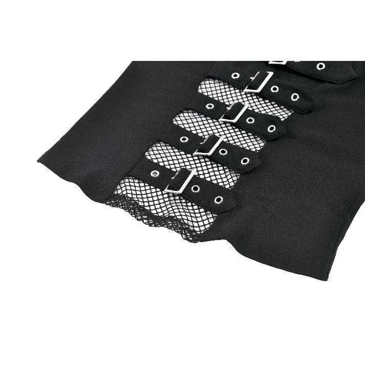 Damen Punk Schnallenriemen Mesh Splice Langarm Top