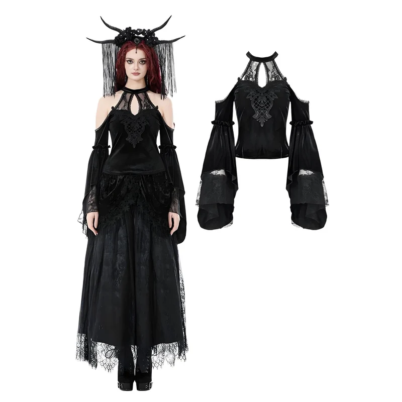 Gothic-Hemd mit Cutout und Neckholder und ausgestellten Ärmeln aus Samt für Damen