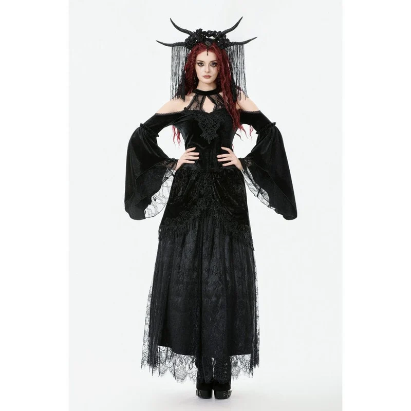 Gothic-Hemd mit Cutout und Neckholder und ausgestellten Ärmeln aus Samt für Damen
