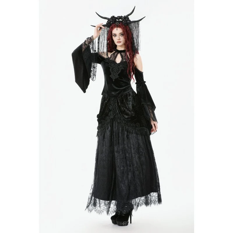 Gothic-Hemd mit Cutout und Neckholder und ausgestellten Ärmeln aus Samt für Damen