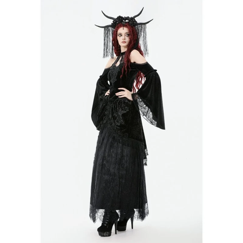 Gothic-Hemd mit Cutout und Neckholder und ausgestellten Ärmeln aus Samt für Damen