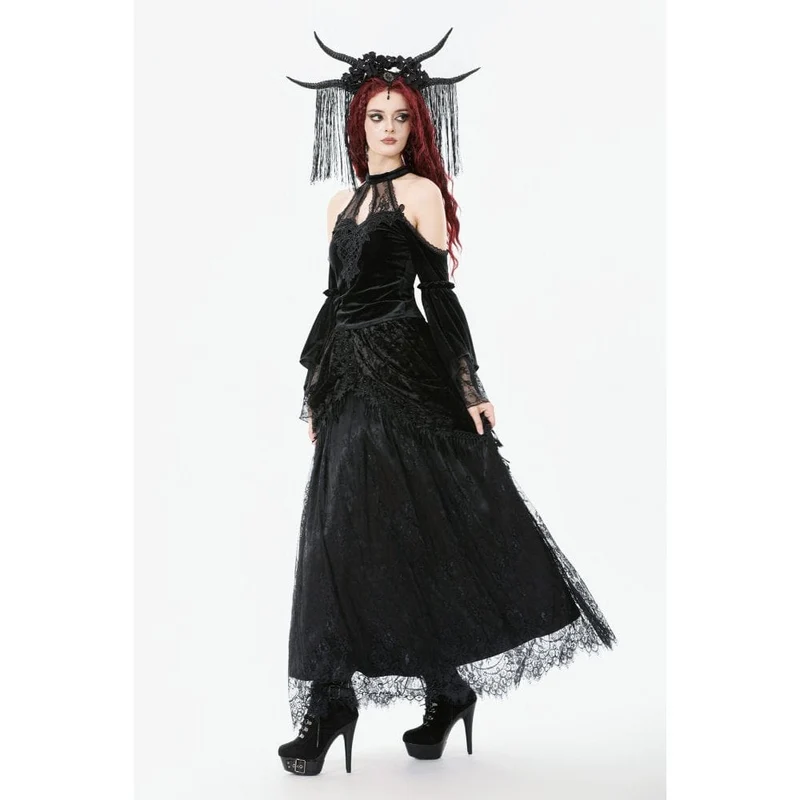 Gothic-Hemd mit Cutout und Neckholder und ausgestellten Ärmeln aus Samt für Damen