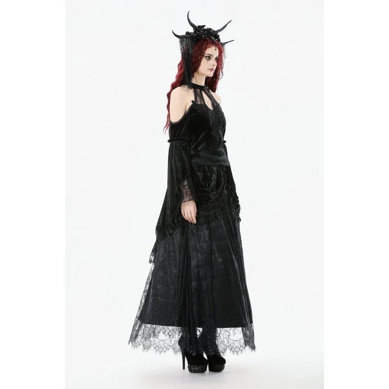 Gothic-Hemd mit Cutout und Neckholder und ausgestellten Ärmeln aus Samt für Damen