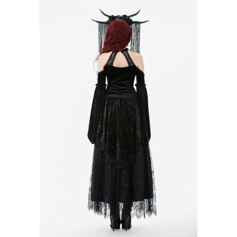 Gothic-Hemd mit Cutout und Neckholder und ausgestellten Ärmeln aus Samt für Damen