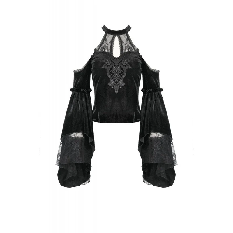 Gothic-Hemd mit Cutout und Neckholder und ausgestellten Ärmeln aus Samt für Damen