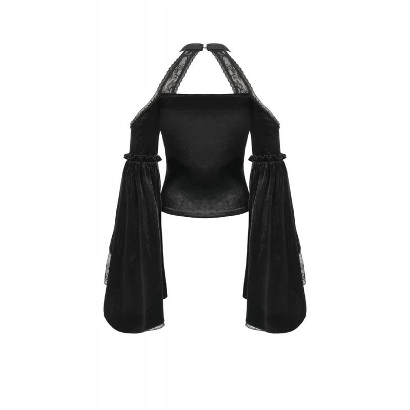 Gothic-Hemd mit Cutout und Neckholder und ausgestellten Ärmeln aus Samt für Damen