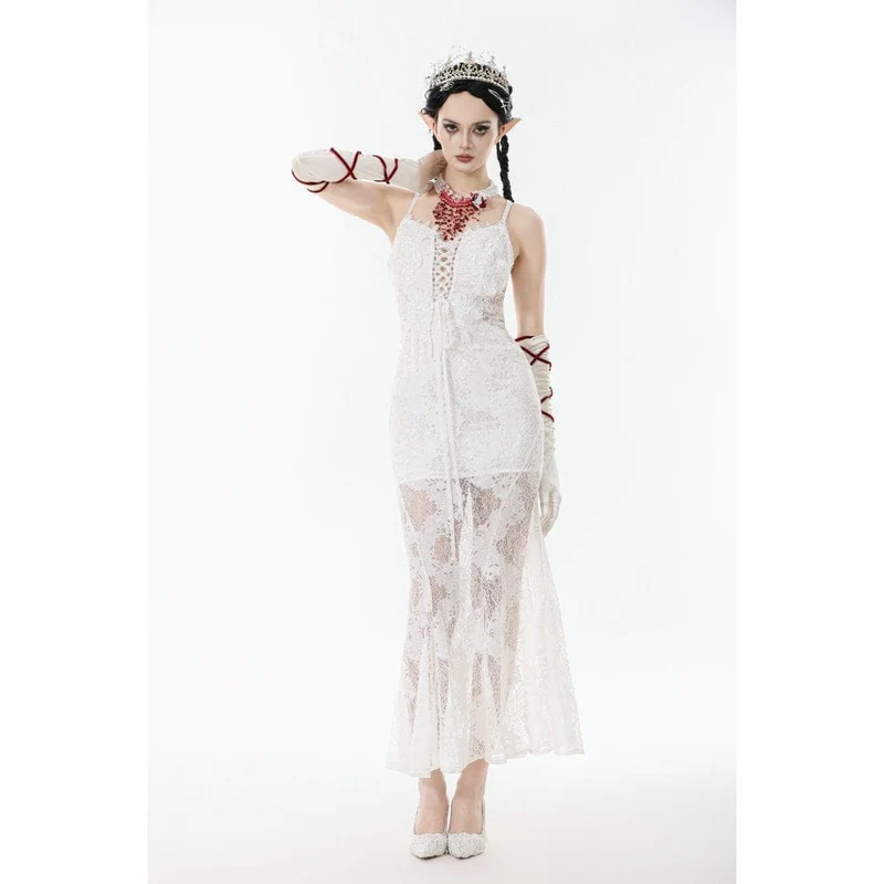 Weißes Gothic-Spitzenkleid mit Schnürung für Damen, Hochzeitskleid