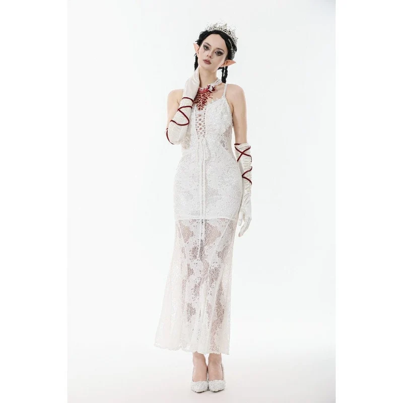 Weißes Gothic-Spitzenkleid mit Schnürung für Damen, Hochzeitskleid