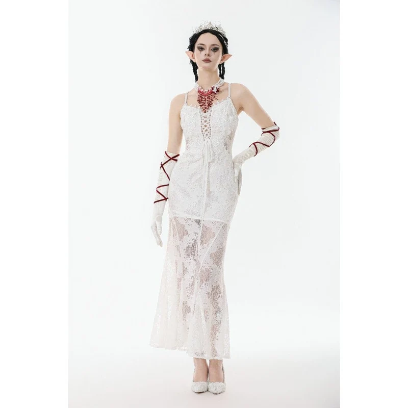 Weißes Gothic-Spitzenkleid mit Schnürung für Damen, Hochzeitskleid