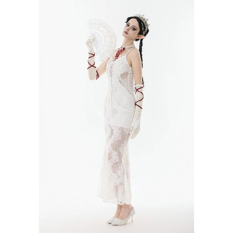 Weißes Gothic-Spitzenkleid mit Schnürung für Damen, Hochzeitskleid