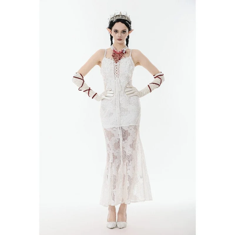 Weißes Gothic-Spitzenkleid mit Schnürung für Damen, Hochzeitskleid