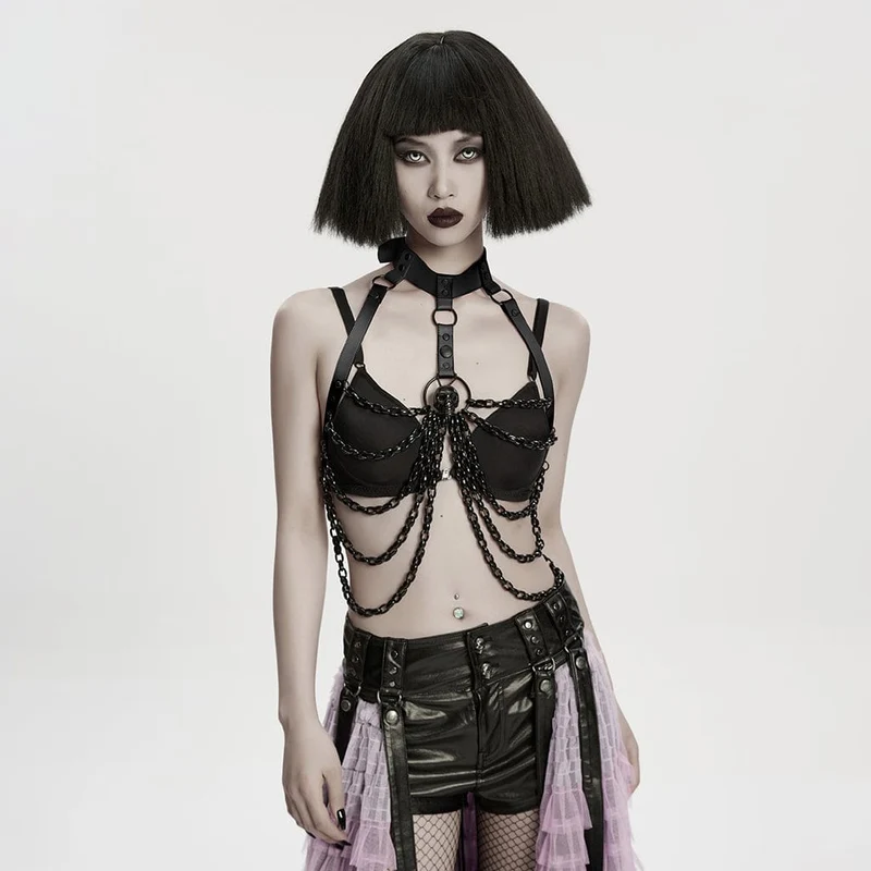 Damen Punk Totenkopf Neckholder Kette Körper Harness mit Abnehmbarem Batwing Knoten Schwarz