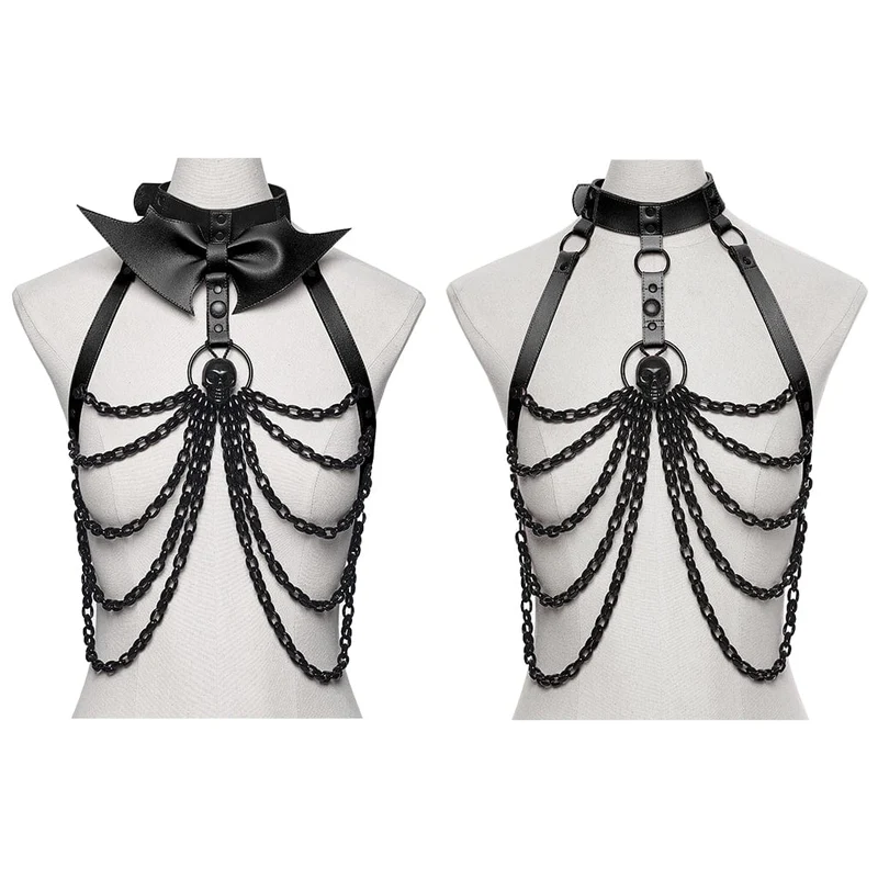 Damen Punk Totenkopf Neckholder Kette Körper Harness mit Abnehmbarem Batwing Knoten Schwarz