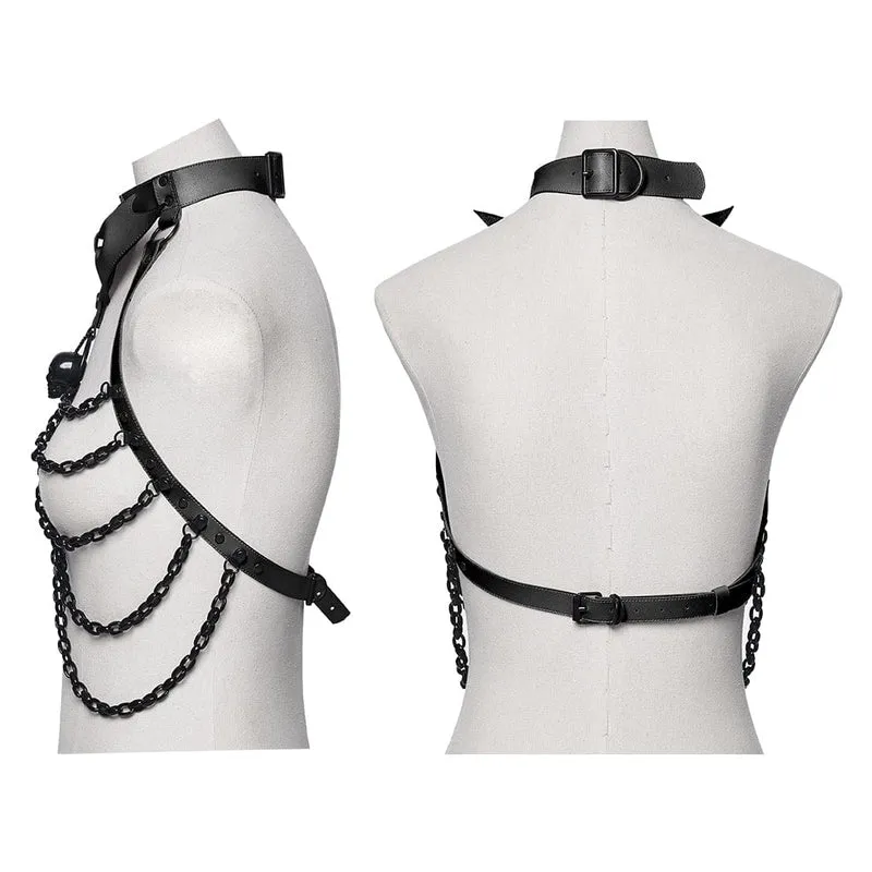 Damen Punk Totenkopf Neckholder Kette Körper Harness mit Abnehmbarem Batwing Knoten Schwarz