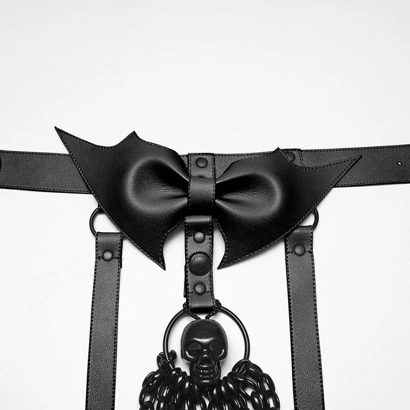 Damen Punk Totenkopf Neckholder Kette Körper Harness mit Abnehmbarem Batwing Knoten Schwarz