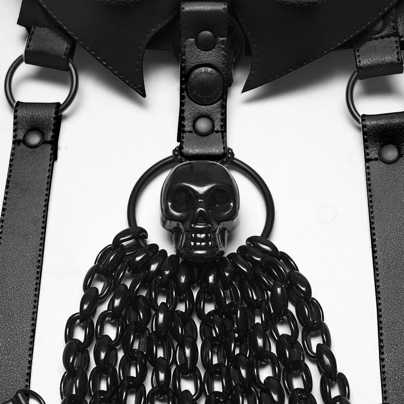 Damen Punk Totenkopf Neckholder Kette Körper Harness mit Abnehmbarem Batwing Knoten Schwarz
