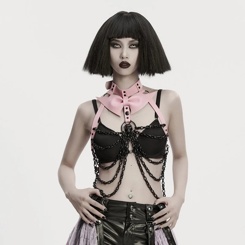 Damen Punk Totenkopf Neckholder Ketten-Körpergeschirr mit abnehmbarem Fledermausknoten Schwarz-Pink