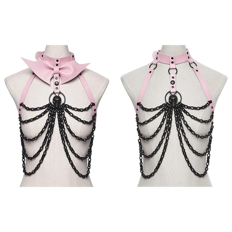 Damen Punk Totenkopf Neckholder Ketten-Körpergeschirr mit abnehmbarem Fledermausknoten Schwarz-Pink