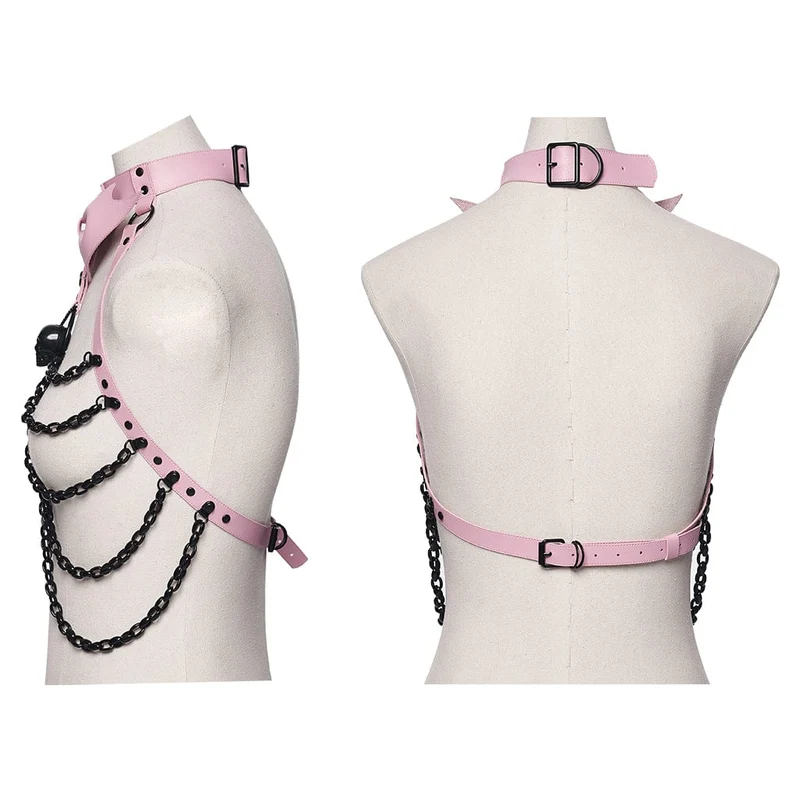 Damen Punk Totenkopf Neckholder Ketten-Körpergeschirr mit abnehmbarem Fledermausknoten Schwarz-Pink