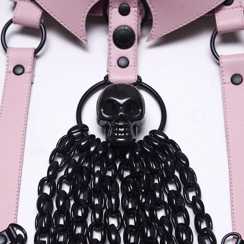 Damen Punk Totenkopf Neckholder Ketten-Körpergeschirr mit abnehmbarem Fledermausknoten Schwarz-Pink