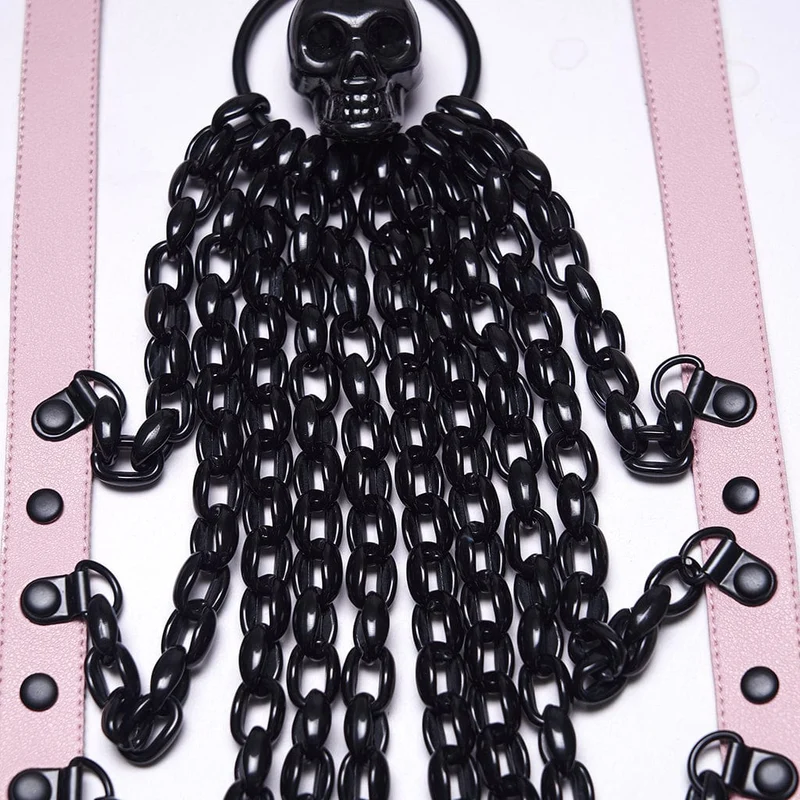 Damen Punk Totenkopf Neckholder Ketten-Körpergeschirr mit abnehmbarem Fledermausknoten Schwarz-Pink