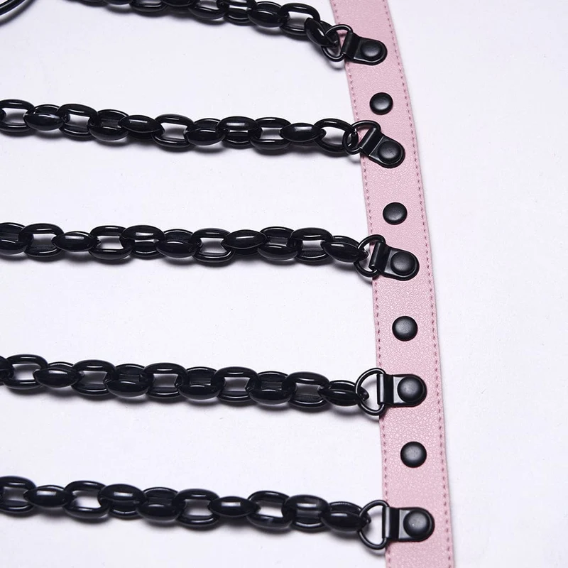 Damen Punk Totenkopf Neckholder Ketten-Körpergeschirr mit abnehmbarem Fledermausknoten Schwarz-Pink