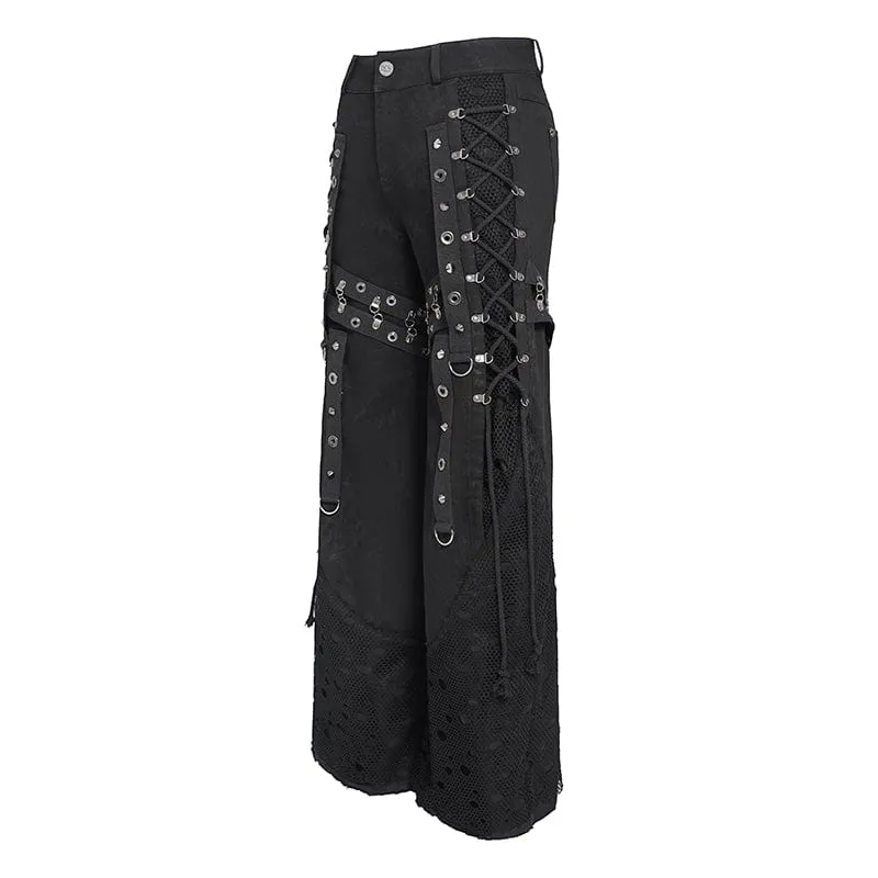 Herren Punk Ripped Mesh Splice Schnür-Baggy-Hose