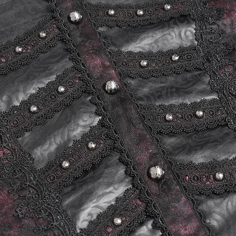 Herren Gothic Blumendruck Stehkragen Laterne Ärmel Hemd Schwarz-Rot