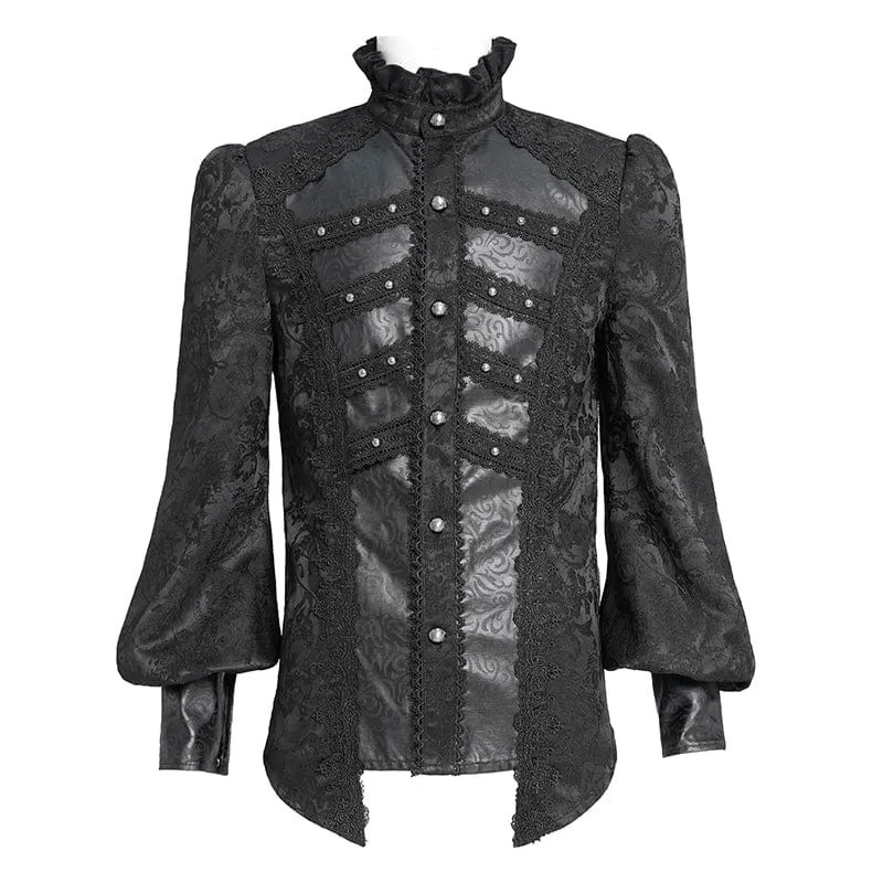 Herren Gothic Blumendruck Stehkragen Laterne Ärmel Hemd Schwarz