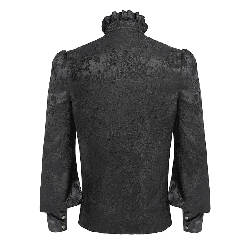 Herren Gothic Blumendruck Stehkragen Laterne Ärmel Hemd Schwarz
