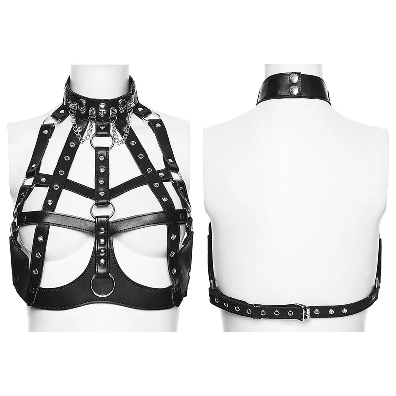 Damen Punk Totenkopf & Nieten Hohl-out Kunstleder Body Harness