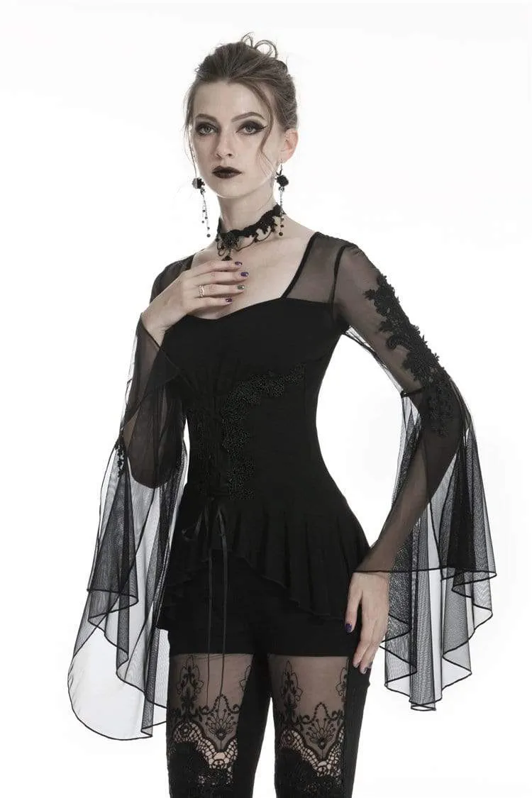 Gothic-Tops mit Schmetterlingsärmeln und Schnürung für Damen mit unregelmäßigem Saum