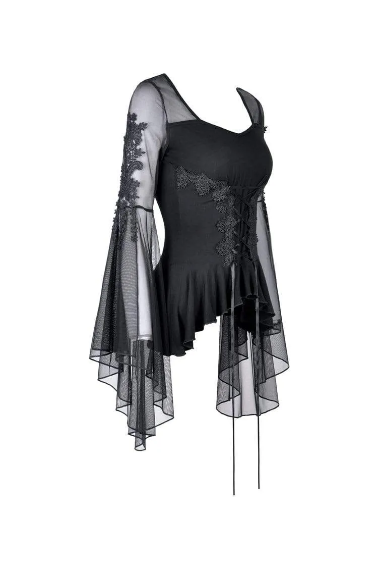 Gothic-Tops mit Schmetterlingsärmeln und Schnürung für Damen mit unregelmäßigem Saum