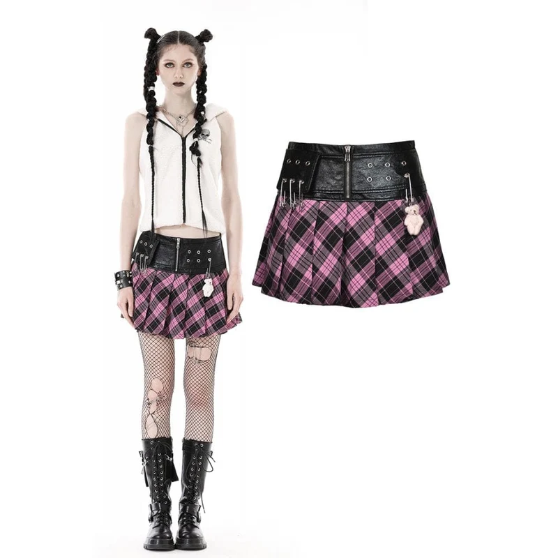 Damen-Faltenrock im Grunge-Stil mit Spleiß- und Karomuster aus Kunstleder