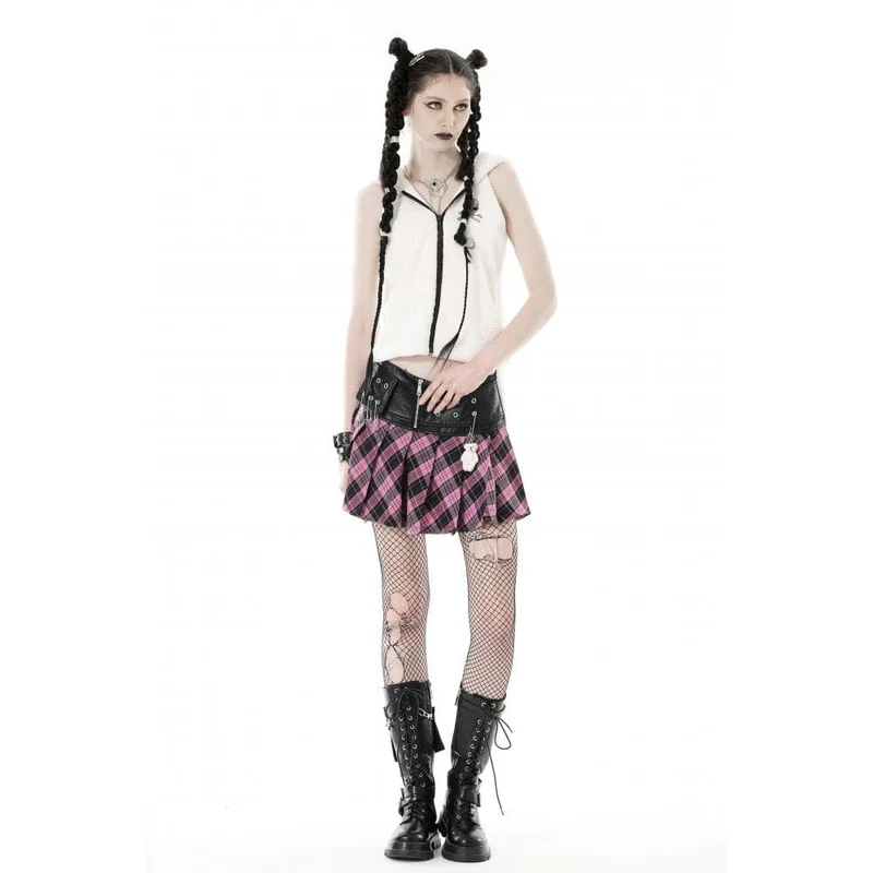 Damen-Faltenrock im Grunge-Stil mit Spleiß- und Karomuster aus Kunstleder