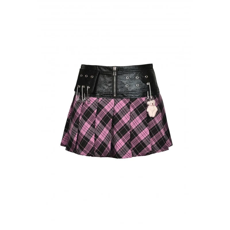 Damen-Faltenrock im Grunge-Stil mit Spleiß- und Karomuster aus Kunstleder