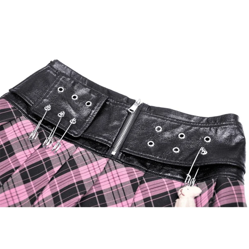 Damen-Faltenrock im Grunge-Stil mit Spleiß- und Karomuster aus Kunstleder