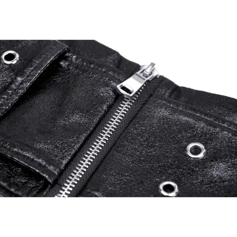 Damen-Faltenrock im Grunge-Stil mit Spleiß- und Karomuster aus Kunstleder