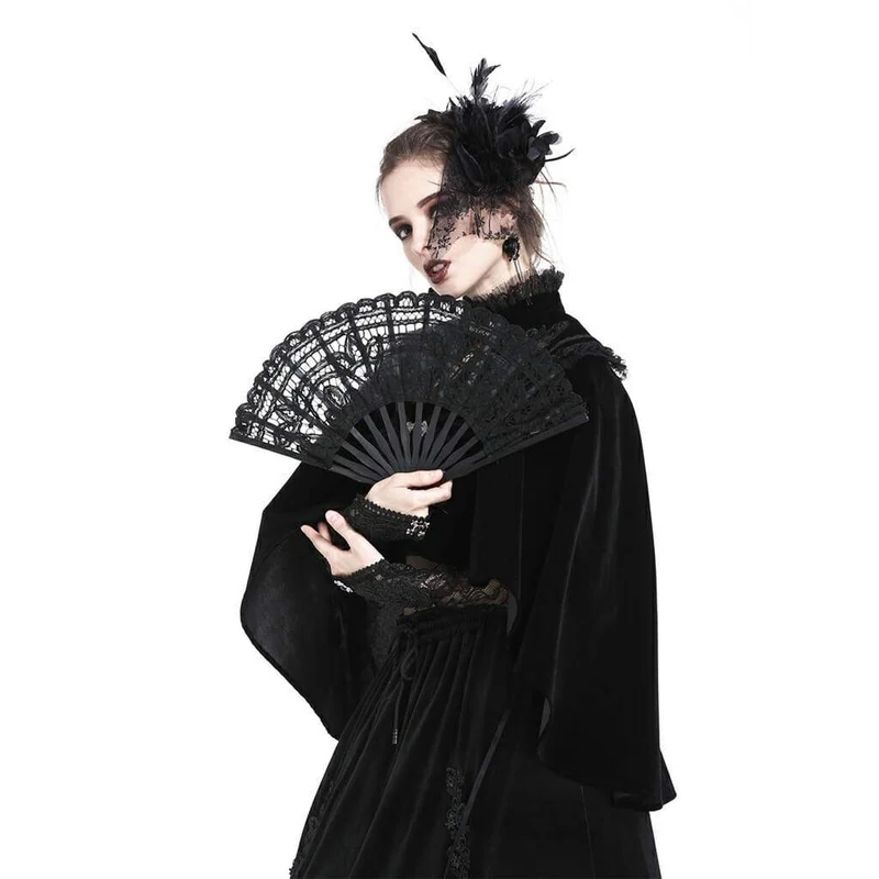 Damen Zarte Goth Style Black Lace Fan