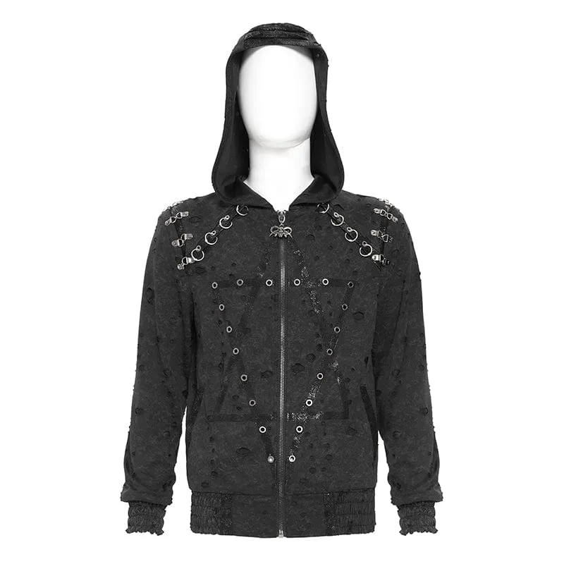 Herrenmantel mit zerrissenem Punk-Plissee und Hexagramm-Print