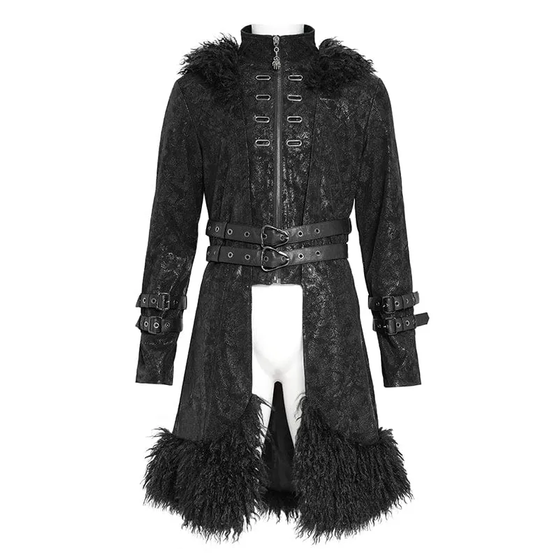 Herren Punk-Kapuzenmantel mit Reißverschluss und Stehkragen und abnehmbarem Gürtel